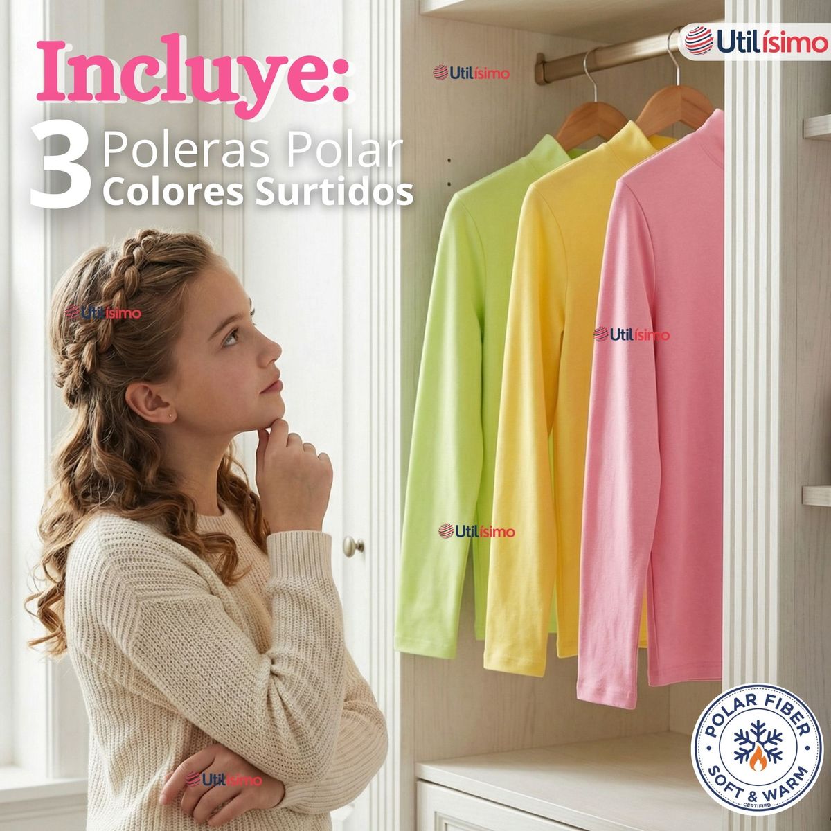 UTILISIMO - Pack 3 Poleras Camisetas Polar Primera Capa Cuello Beatle Manga Larga Colores Surtido Niña