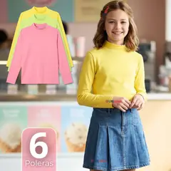 UTILISIMO - Pack 6 Poleras Camisetas Polar Primera Capa Cuello Beatle Manga Larga Colores Surtido Niña