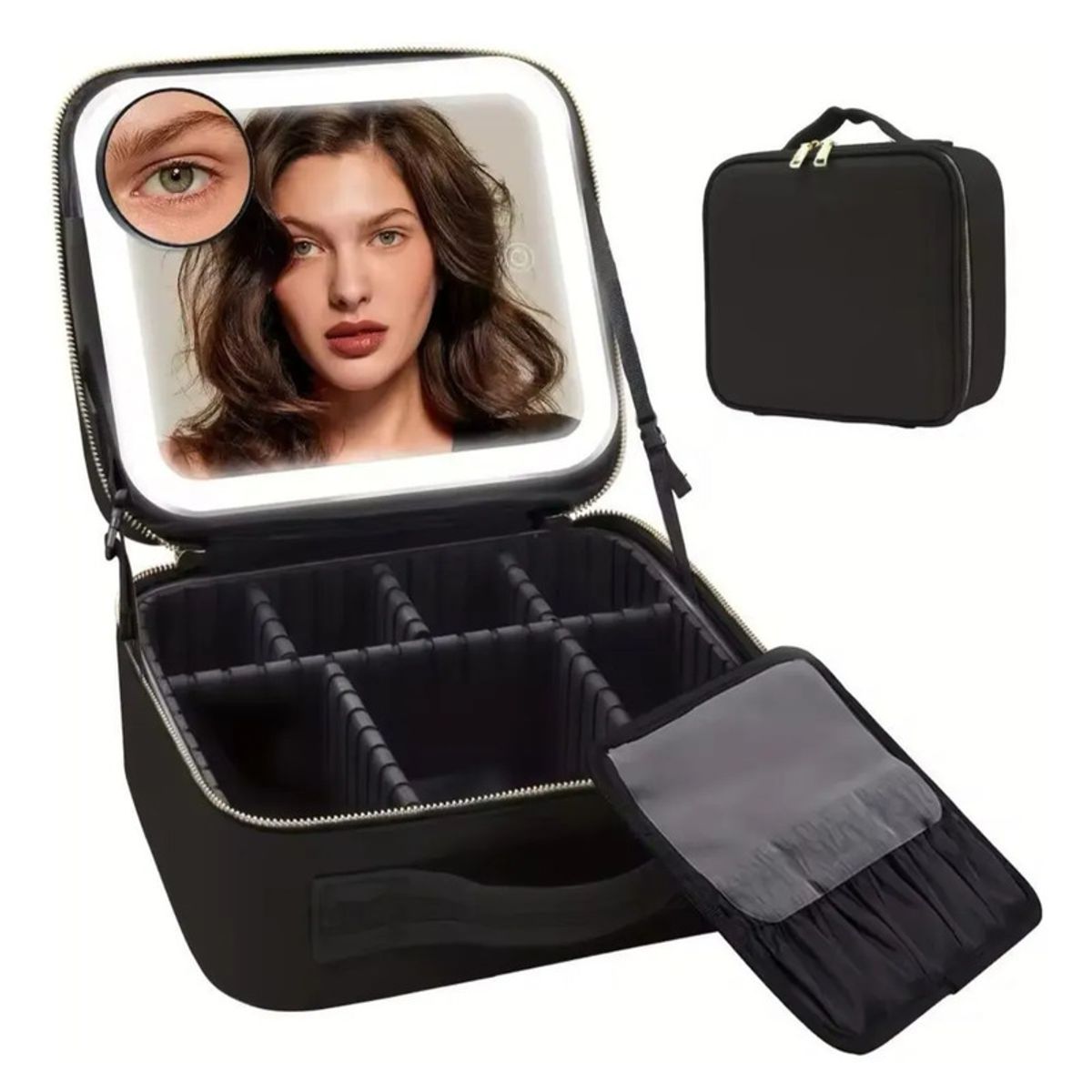 GENERICO - Organizador De Maquillaje Portátil Con Espejo Led negro