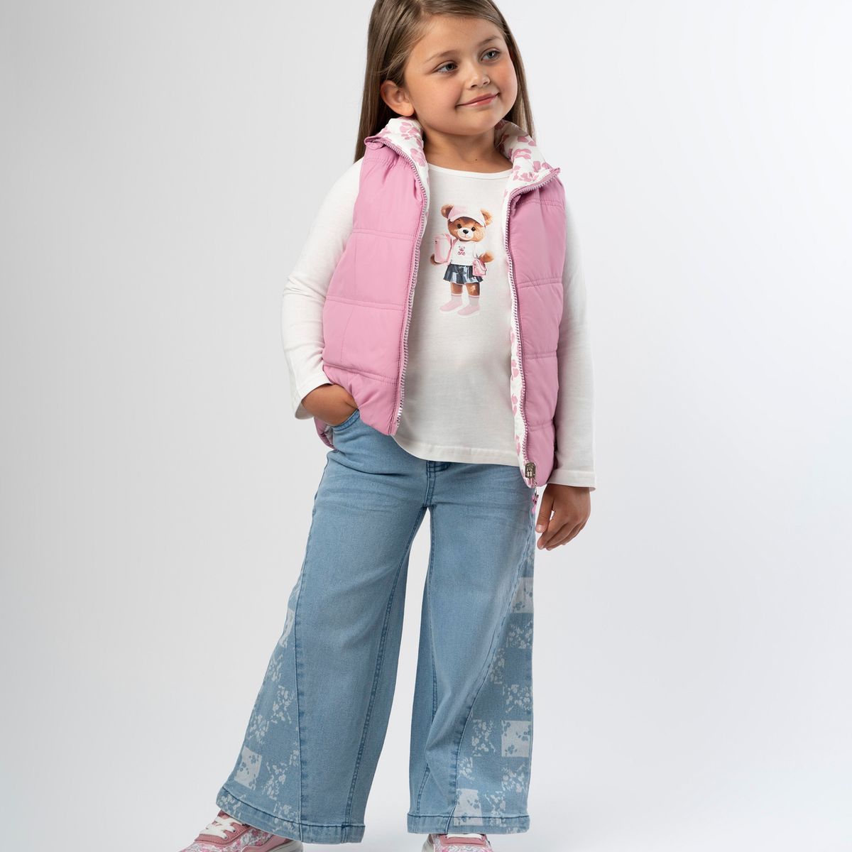 LIMONADA - Jeans niña con flores y brillos denim celeste Limonada