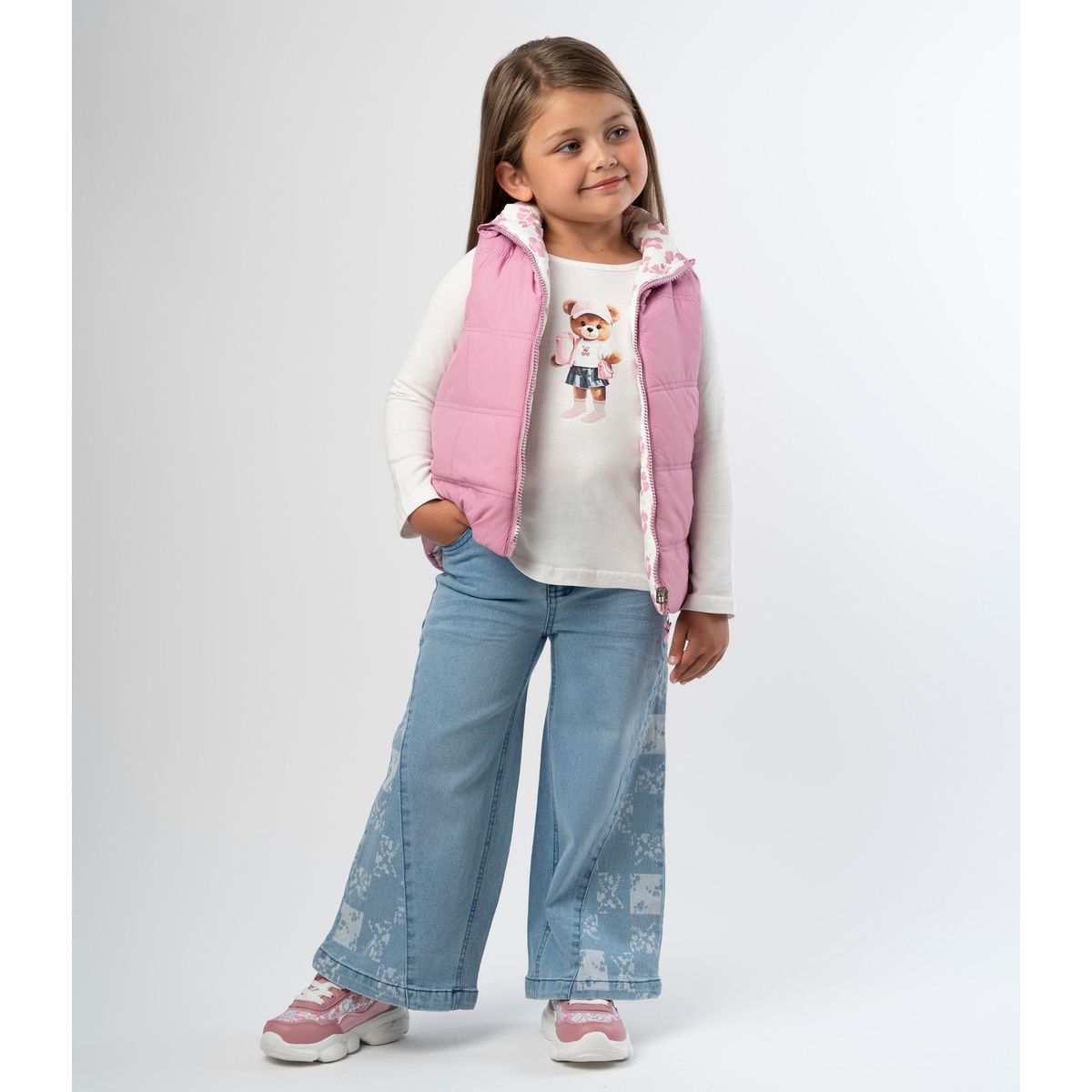 LIMONADA - Jeans niña con flores y brillos denim celeste Limonada