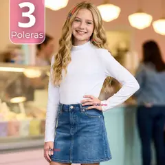 UTILISIMO - Pack 3 Poleras Camisetas Polar Blanca Primera Capa Cuello Beatle Manga Larga Niña