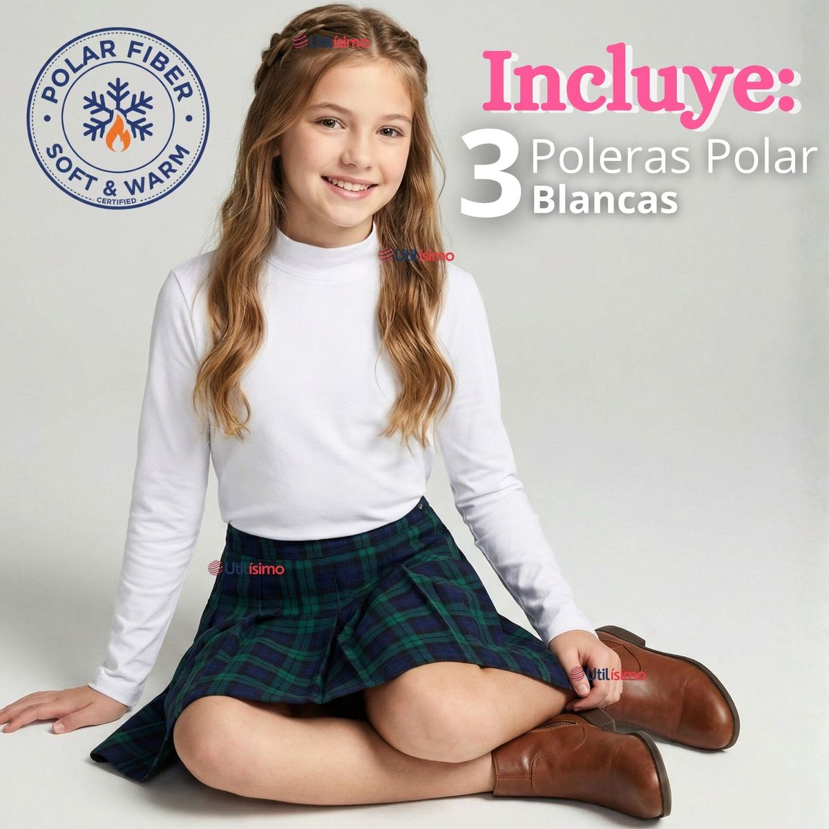 UTILISIMO - Pack 3 Poleras Camisetas Polar Blanca Primera Capa Cuello Beatle Manga Larga Niña