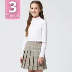 UTILISIMO - Pack 3 Poleras Camisetas Polar Blanca Primera Capa Cuello Beatle Manga Larga Niña