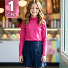 UTILISIMO - Polera Camiseta Polar Fucsia Primera Capa Cuello Beatle Manga Larga Niña