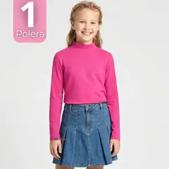 UTILISIMO - Polera Camiseta Polar Fucsia Primera Capa Cuello Beatle Manga Larga Niña