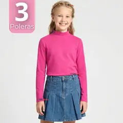 UTILISIMO - Pack 3 Poleras Camisetas Polar Fucsia Primera Capa Cuello Beatle Manga Larga Niña