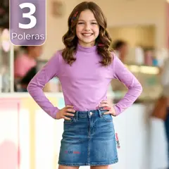 UTILISIMO - Pack 3 Poleras Camisetas Polar Lila Primera Capa Cuello Beatle Manga Larga Niña