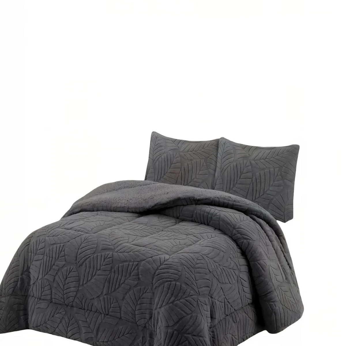 GENERICO - CUBRECAMA CON RELIEVE EN FORMA DE HOJAS 2 PLAZAS COLOR GRIS
