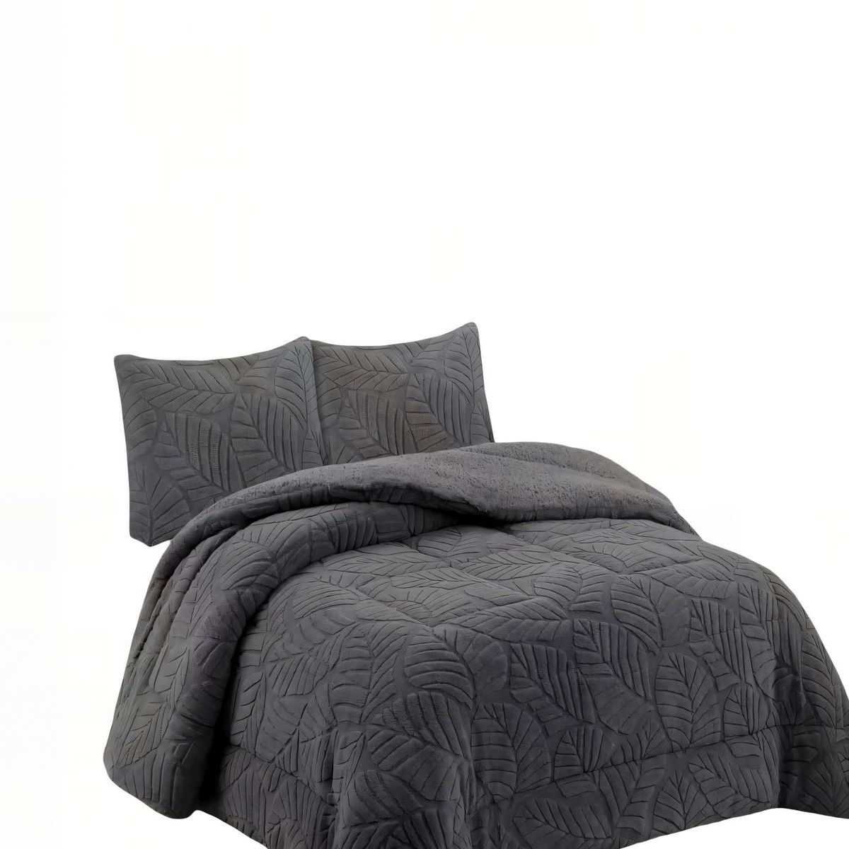 GENERICO - CUBRECAMA CON RELIEVE EN FORMA DE HOJAS 2 PLAZAS COLOR GRIS