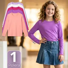 UTILISIMO - Polera Camiseta Polar Primera Capa Cuello Redondo Manga Larga Colores Surtido Niña