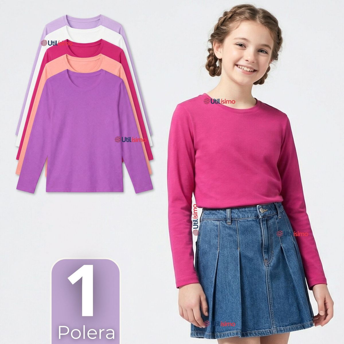 UTILISIMO - Polera Camiseta Polar Primera Capa Cuello Redondo Manga Larga Colores Surtido Niña