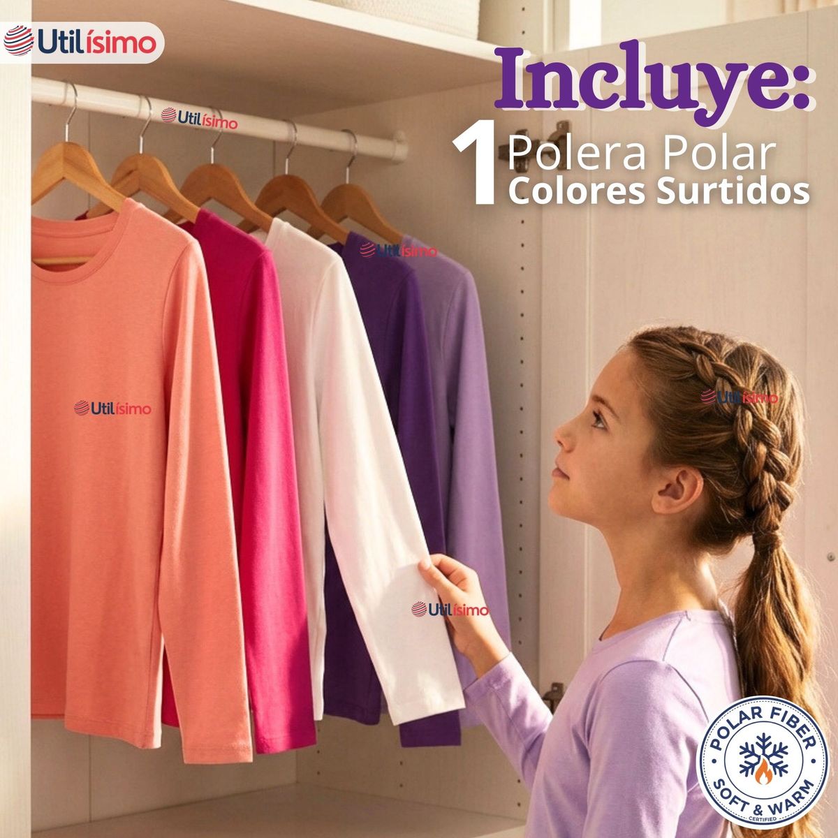UTILISIMO - Polera Camiseta Polar Primera Capa Cuello Redondo Manga Larga Colores Surtido Niña