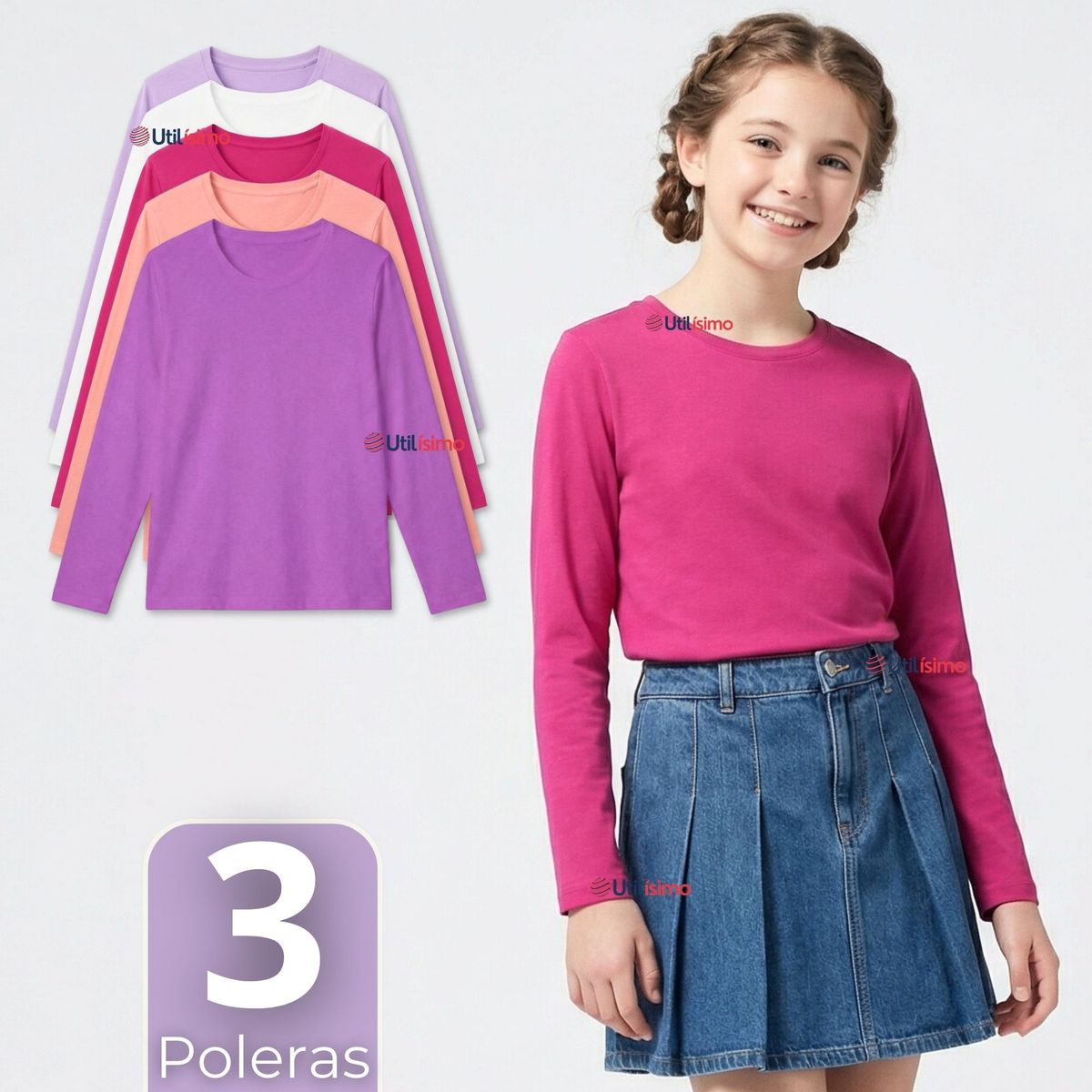 UTILISIMO - Pack 3 Poleras Camisetas Polar Primera Capa Cuello Redondo Manga Larga Colores Surtido Niña