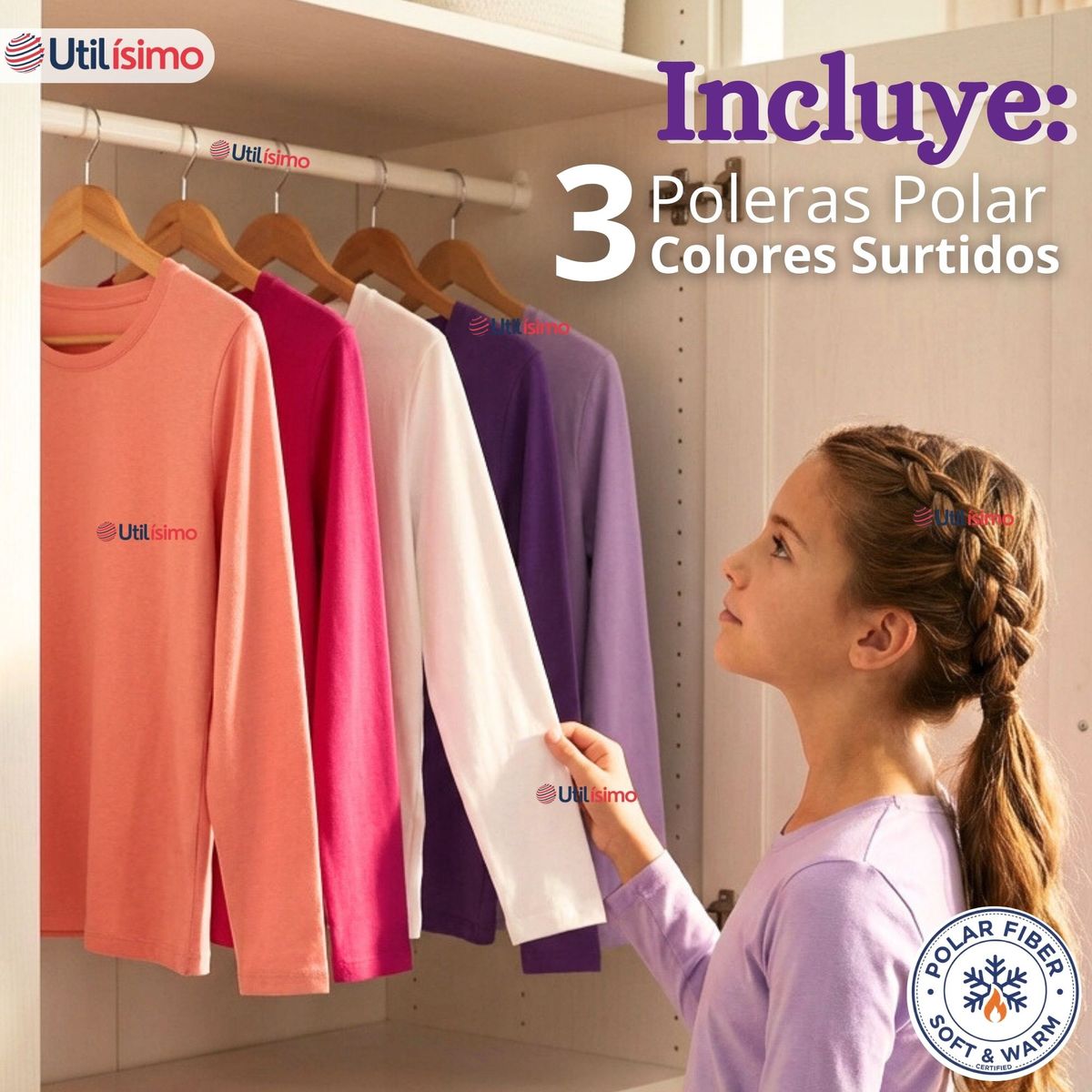 UTILISIMO - Pack 3 Poleras Camisetas Polar Primera Capa Cuello Redondo Manga Larga Colores Surtido Niña