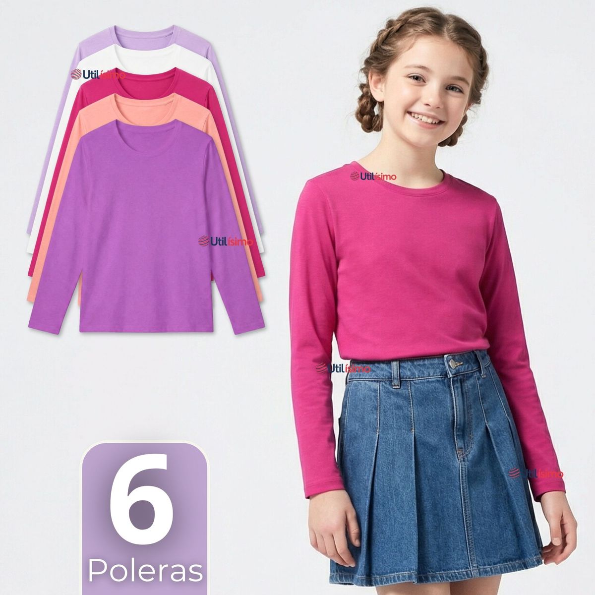 UTILISIMO - Pack 6 Poleras Camisetas Polar Primera Capa Cuello Redondo Manga Larga Colores Surtido Niña