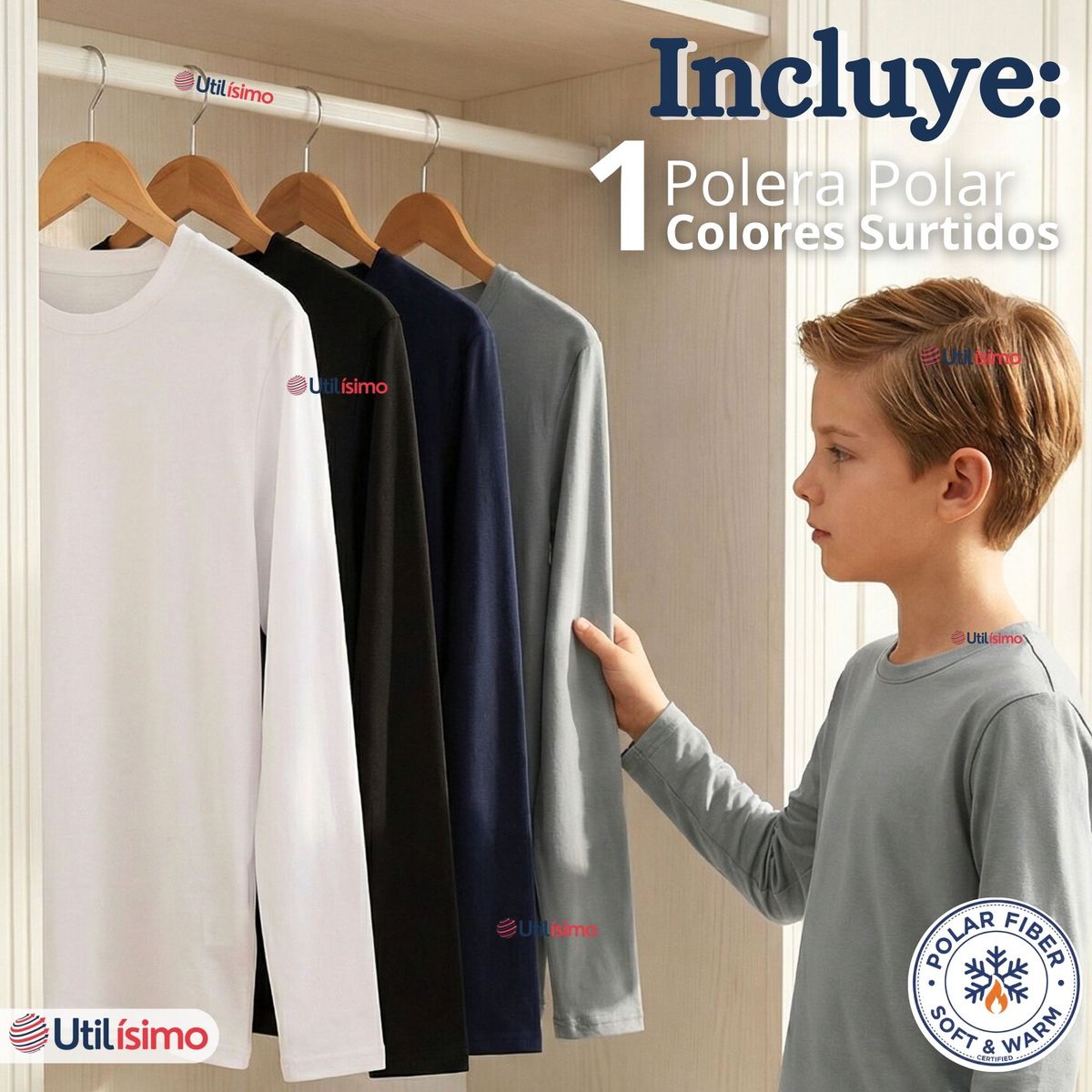 UTILISIMO - Polera Camiseta Polar Primera Capa Cuello Redondo Manga Larga Colores Surtido Niño
