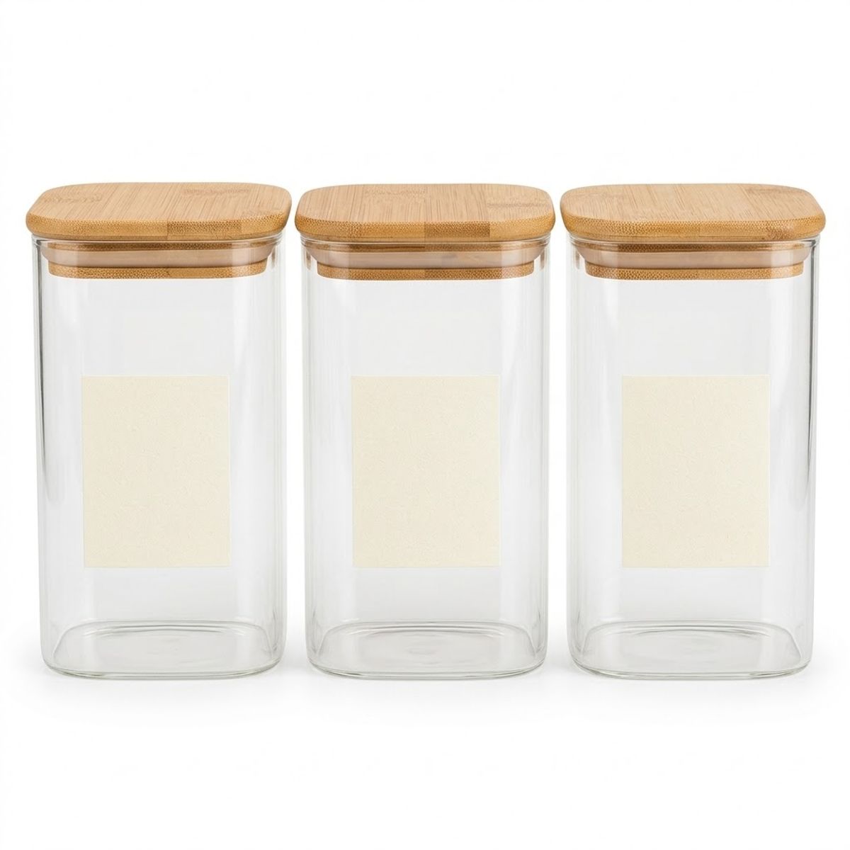 GENERICO - PACK 3 Frascos Hermeticos Cuadrado Vidrio 10cm Tapa Bambú