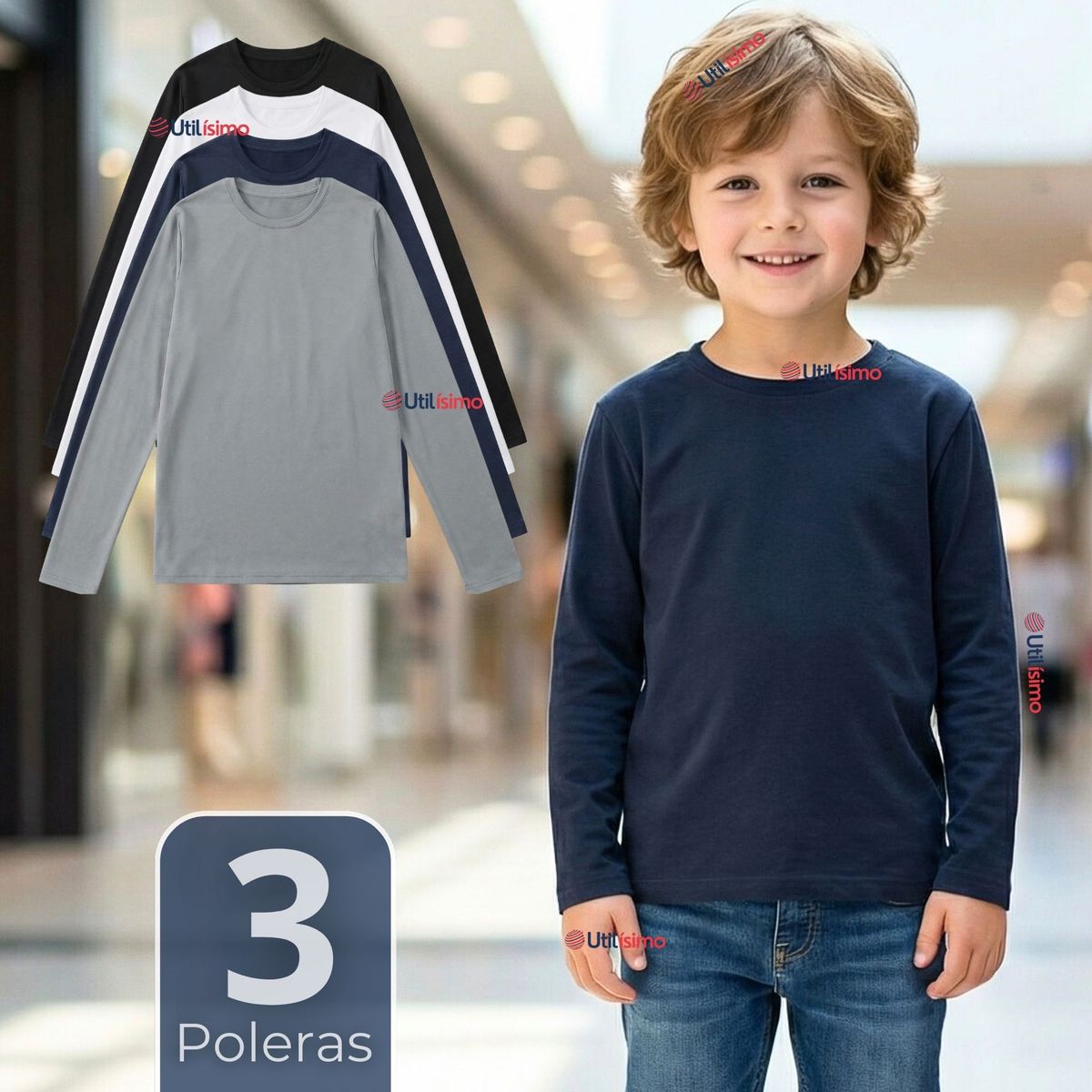 UTILISIMO - Pack 3 Poleras Camisetas Polar Primera Capa Cuello Redondo Manga Larga Colores Surtido Niño