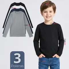 UTILISIMO - Pack 3 Poleras Camisetas Polar Primera Capa Cuello Redondo Manga Larga Colores Surtido Niño