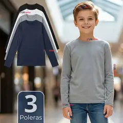 UTILISIMO - Pack 3 Poleras Camisetas Polar Primera Capa Cuello Redondo Manga Larga Colores Surtido Niño