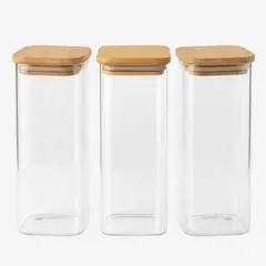 GENERICO - PACK 3 Frascos Herméticos Cuadrado Vidrio 20cm Tapa Bambú