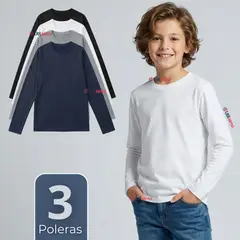 UTILISIMO - Pack 3 Poleras Camisetas Polar Primera Capa Cuello Redondo Manga Larga Colores Surtido Niño