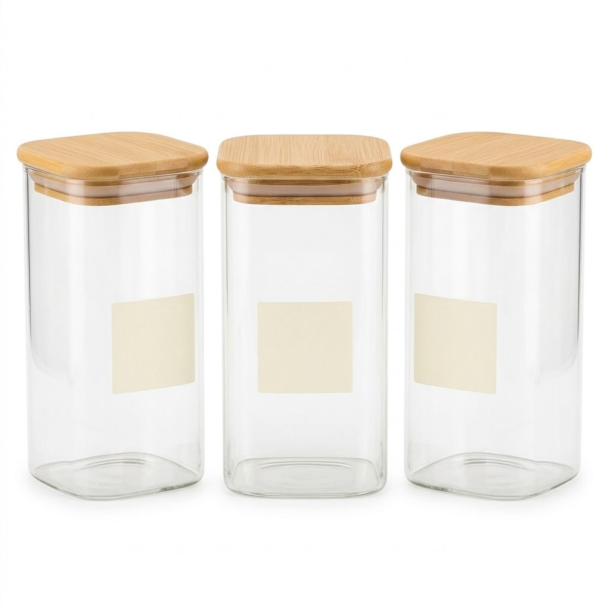 GENERICO - PACK 3 Frascos Hermeticos Cuadrado Vidrio 10cm Tapa Bambú