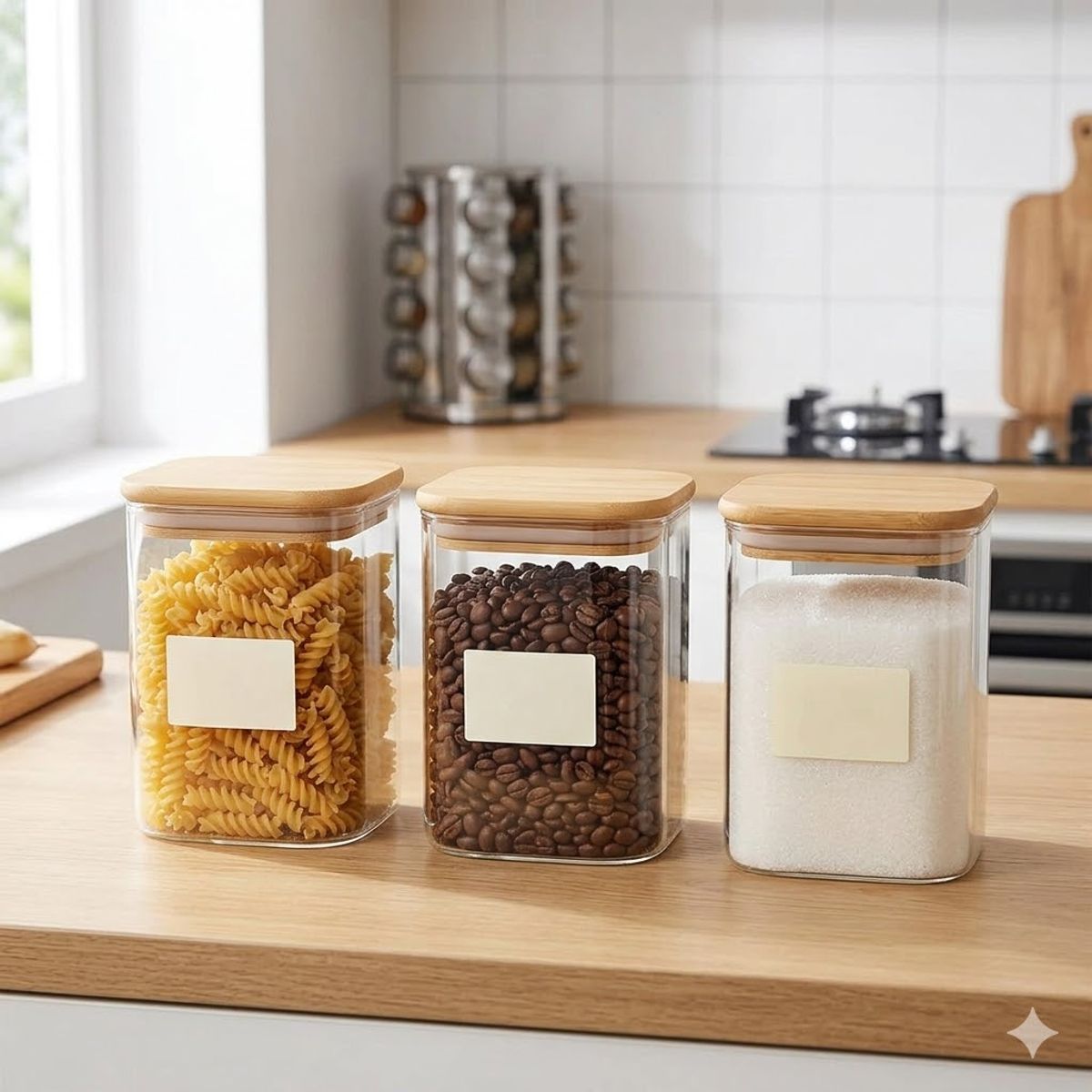 GENERICO - PACK 3 Frascos Hermeticos Cuadrado Vidrio 10cm Tapa Bambú