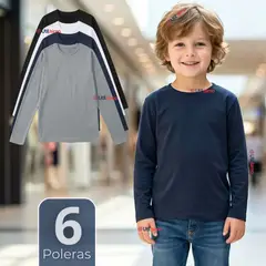 UTILISIMO - Pack 6 Poleras Camisetas Polar Primera Capa Cuello Redondo Manga Larga Colores Surtido Niño