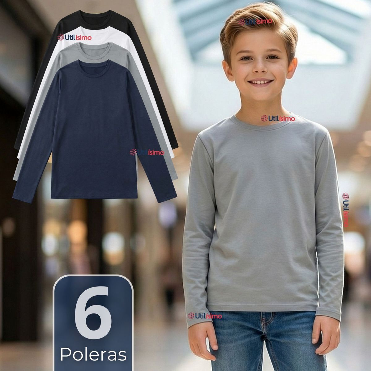 UTILISIMO - Pack 6 Poleras Camisetas Polar Primera Capa Cuello Redondo Manga Larga Colores Surtido Niño