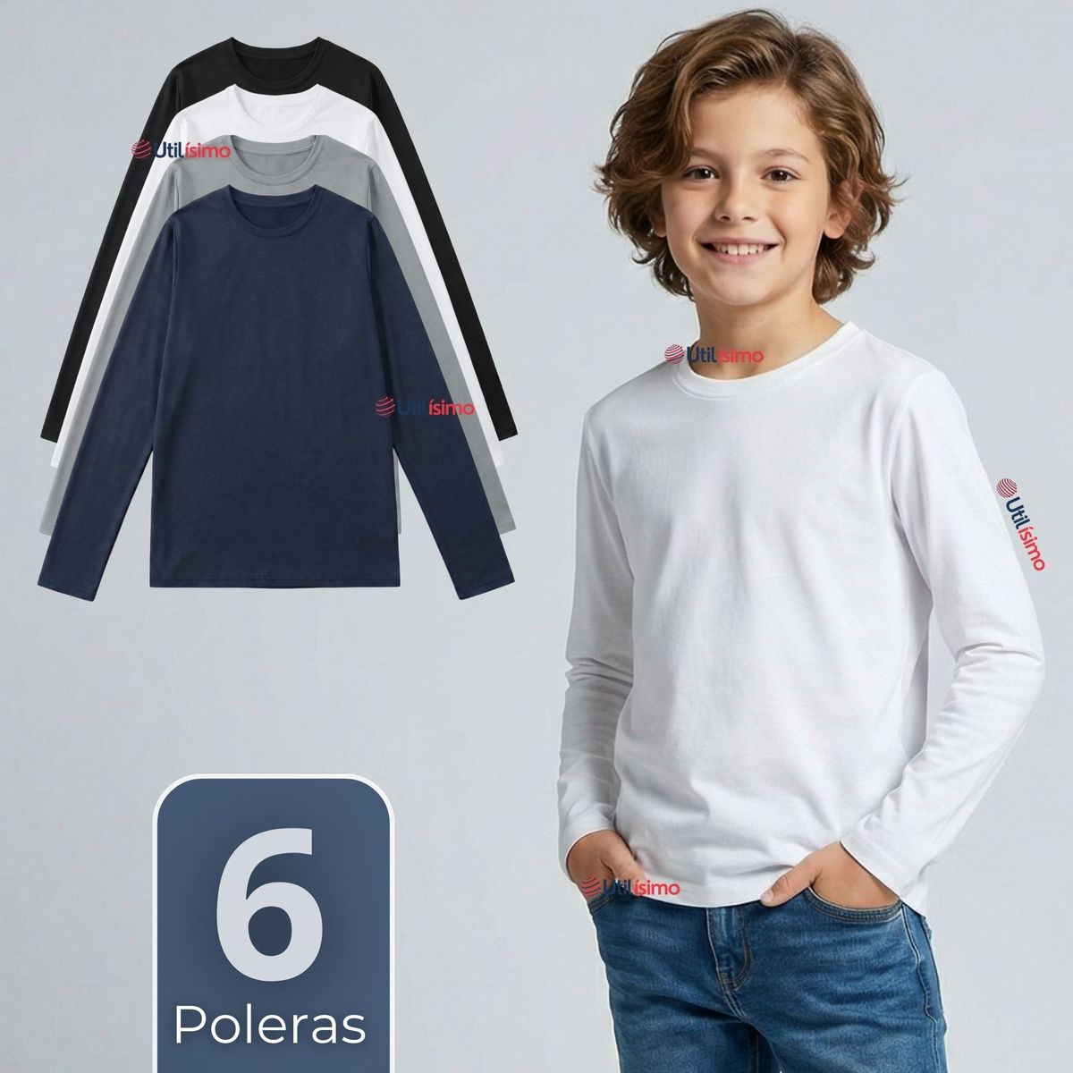 UTILISIMO - Pack 6 Poleras Camisetas Polar Primera Capa Cuello Redondo Manga Larga Colores Surtido Niño