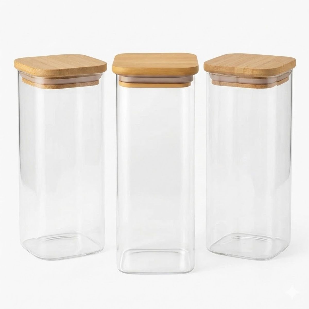 GENERICO - PACK 3 Frascos Hermetico Cuadrado Vidrio 18cm Tapa Bambú