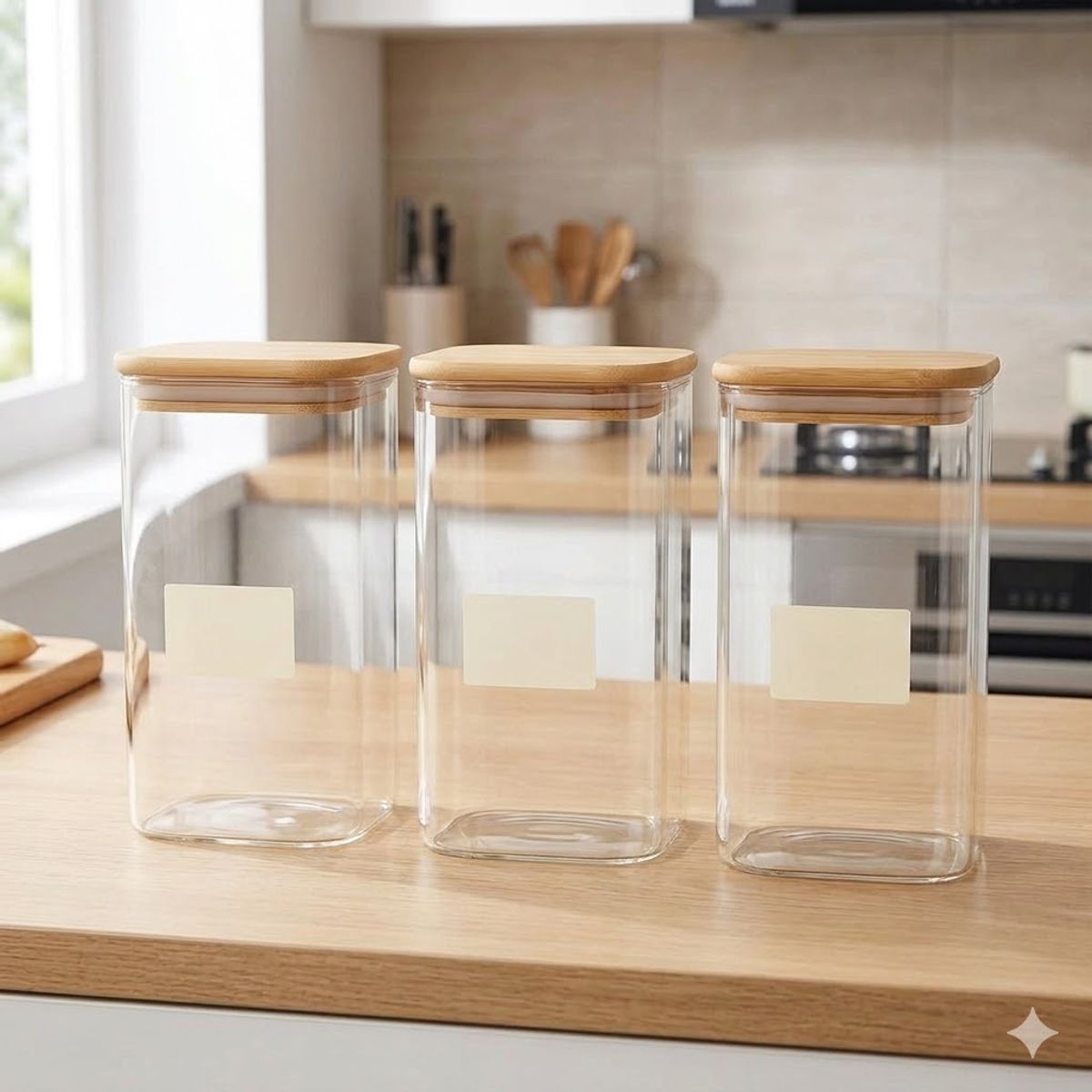 GENERICO - PACK 3 Frascos Hermetico Cuadrado Vidrio 18cm Tapa Bambú