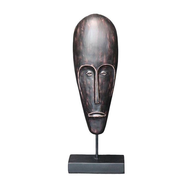 ADORNO MASCARA LARGA MAORI POLIRESINA PEDESTAL FIERRO NEGRA 22.5 x 9 x 60.5 CM