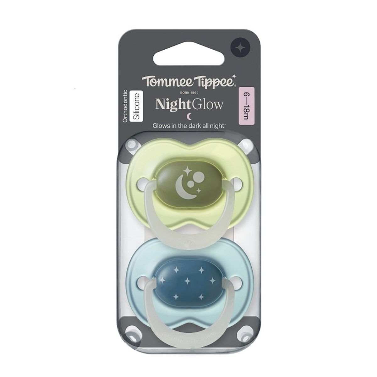TOMMEE TIPPEE - CHUPETE DE SILICONA NIGHTGLOW 2 UNIDADES 6-18 MESES VERDE-AZUL