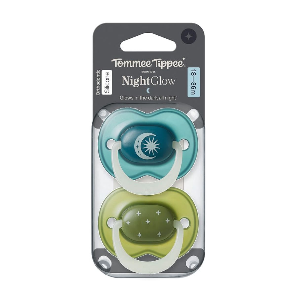 TOMMEE TIPPEE - CHUPETE DE SILICONA NIGHTGLOW 2 UNIDADES 18-36 MESES AZUL-VERDE