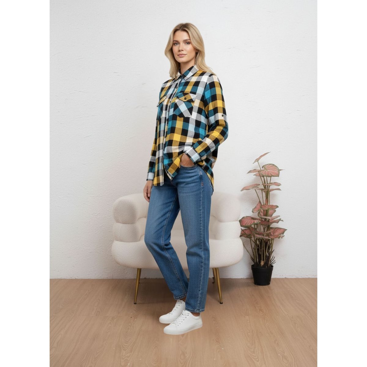 LIKE SHOP - Camisa Mujer Manga Larga Cuadrillé Colores Verano A1659