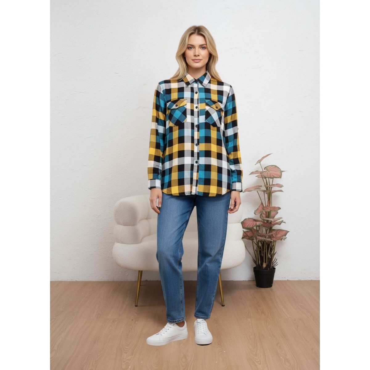 LIKE SHOP - Camisa Mujer Manga Larga Cuadrillé Colores Verano A1659