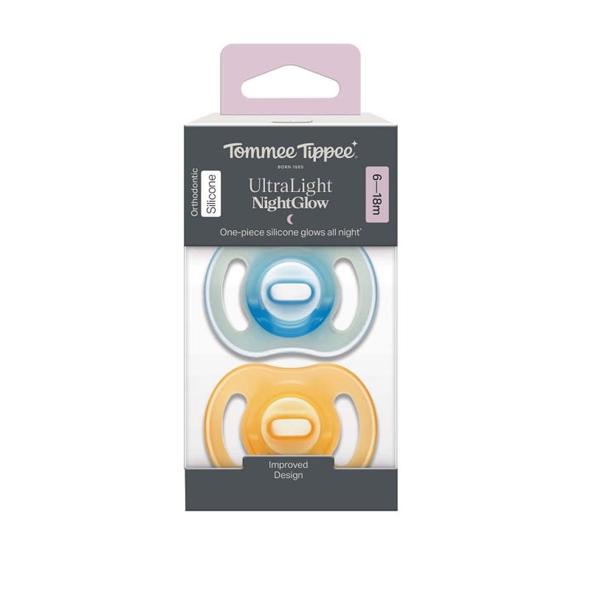 TOMMEE TIPPEE - CHUPETE DE SILICONA ULTRALIGHT NIGHTGLOW 2 UNIDADES 6-18 MESES AMARILLO-AZUL