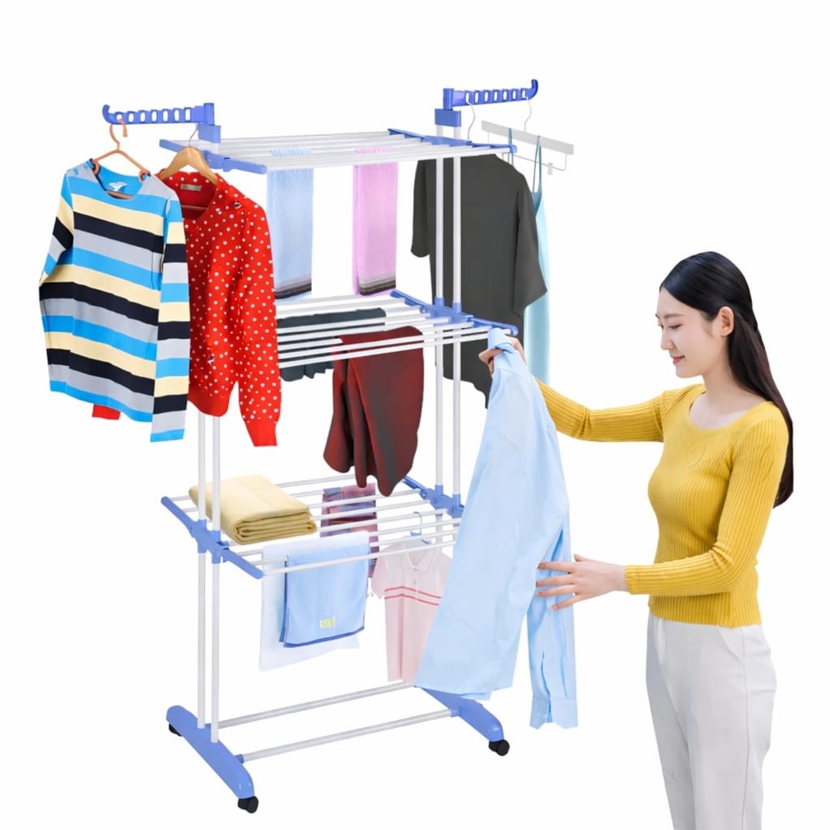 GENERICO - Tendedero Ropa Colgador Pechero Plegable 3 Niveles de Ropa Torre Plegable Acero 64x73x173 cm Blanco