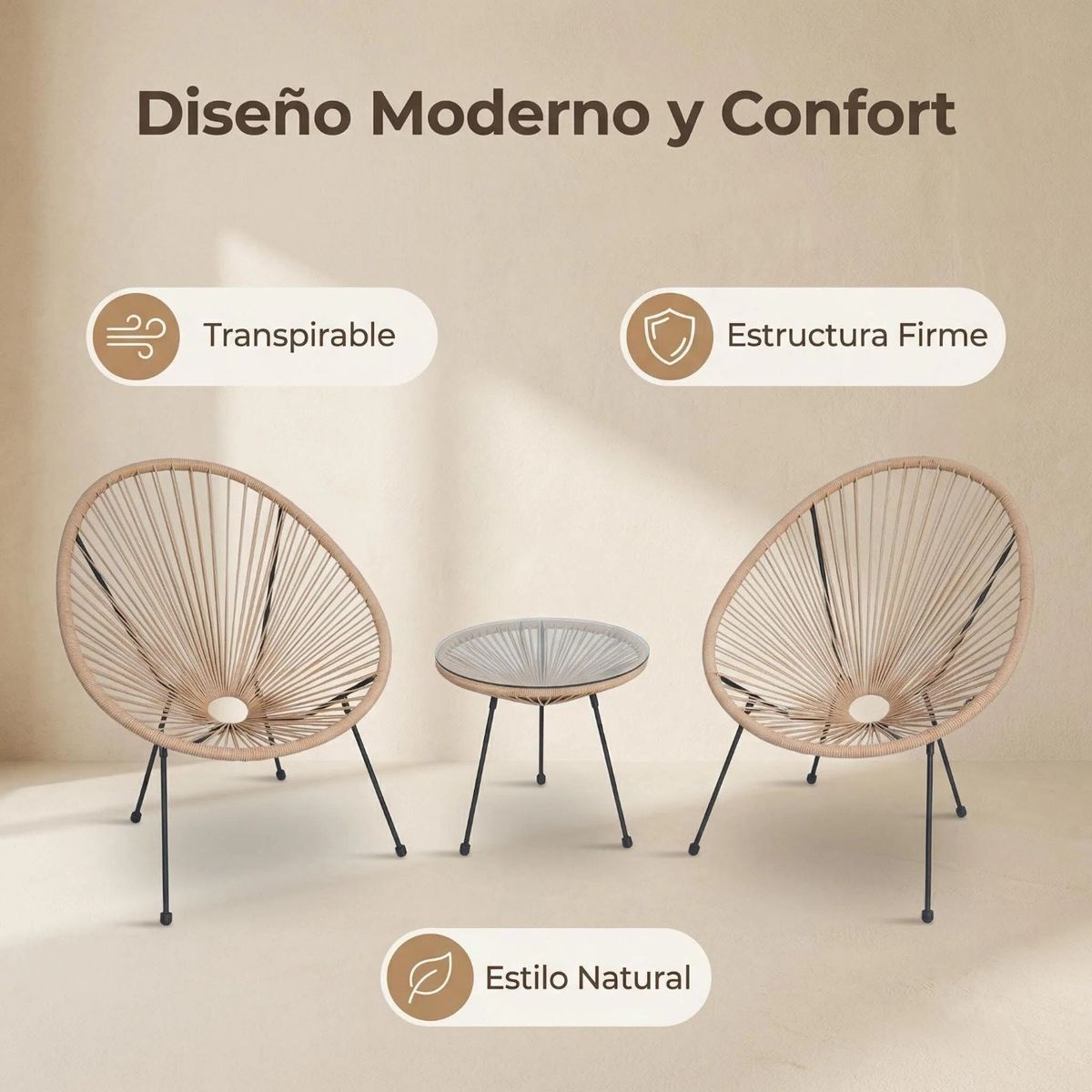 IDEEHOUSE - Juego De Terraza Balcón 2 Sillas Y 1 Mesa Redonda Beige