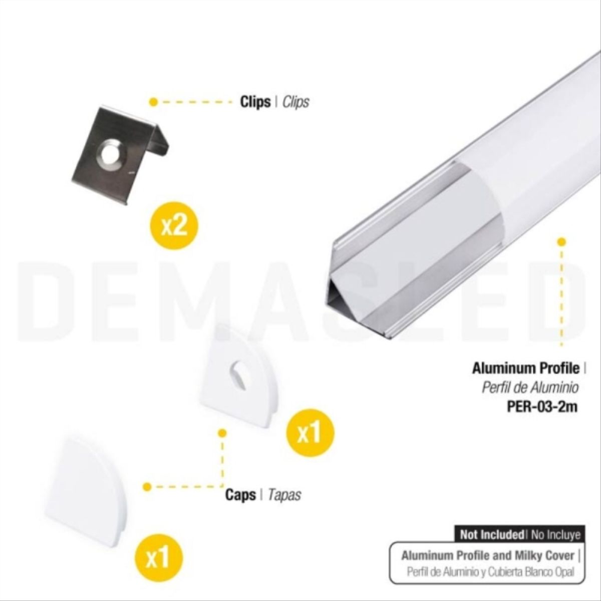 DEMASLED - Kit de 2 tapas y 2 clips para perfil de alum, PER-03-2M
