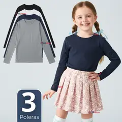 UTILISIMO - Pack 3 Poleras Camisetas Polar Primera Capa Cuello Redondo Manga Larga Colores Surtido Niña
