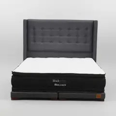 BLOCCARE - Cama 2 Plaza Box 8cm - L200cm + Colchon Black Prime - Modelo Dos + Respaldo/ Con Pata 4.5Cm (Gris)