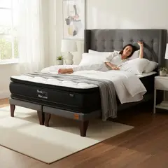 BLOCCARE - Cama 2 Plaza Box 8cm - L190cm + Colchon Black Prime - Modelo Dos + Respaldo/ Con Pata 19.5cm (Gris)