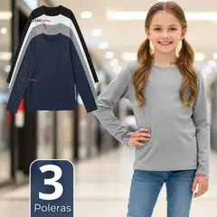 UTILISIMO - Pack 3 Poleras Camisetas Polar Primera Capa Cuello Redondo Manga Larga Colores Surtido Niña