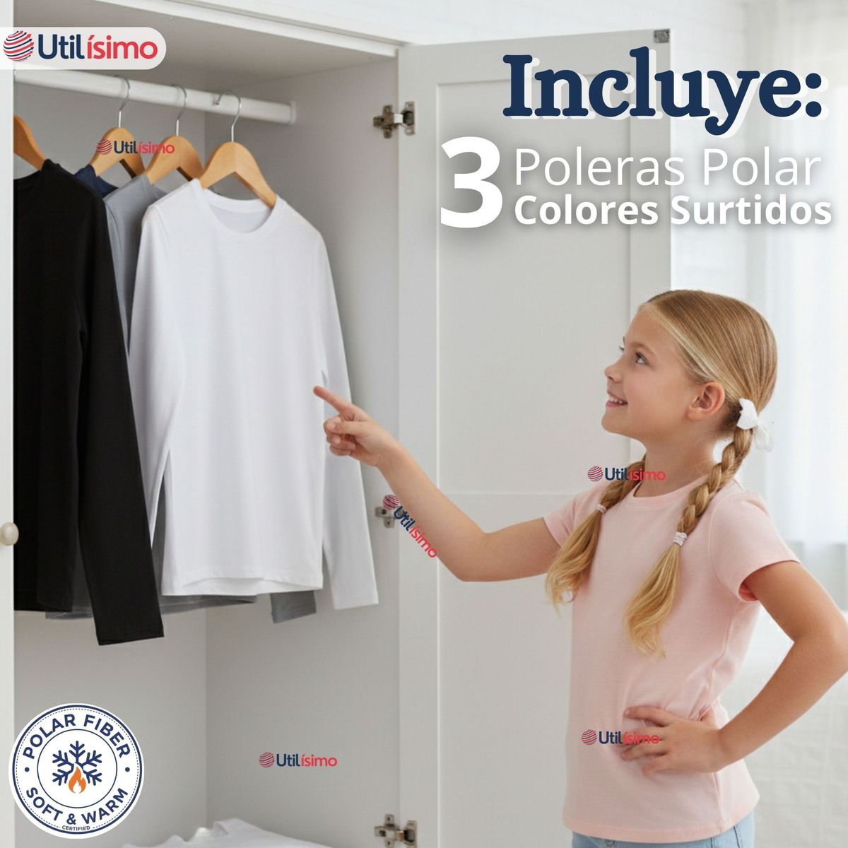 UTILISIMO - Pack 3 Poleras Camisetas Polar Primera Capa Cuello Redondo Manga Larga Colores Surtido Niña