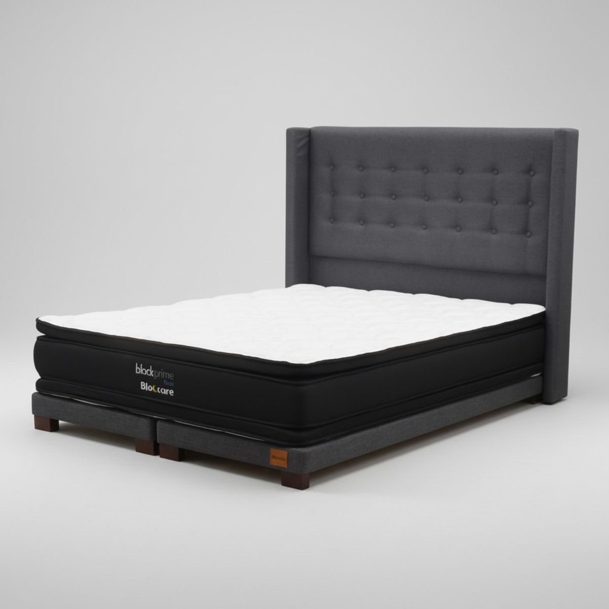 BLOCCARE - Cama King  Box 8cm - L200cm  + Colchon Black Prime - Modelo Dos + Respaldo/ Con Pata 4.5Cm (Gris)