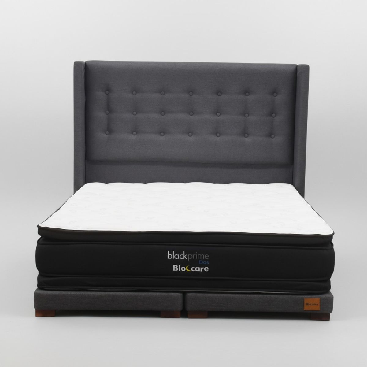 BLOCCARE - Cama King  Box 8cm - L200cm  + Colchon Black Prime - Modelo Dos + Respaldo/ Con Pata 4.5Cm (Gris)